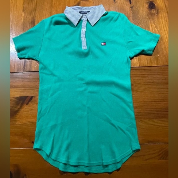 Tommy Hilfiger Vintage Green Ribbed Polo Blue White Stripe Quarter Button Collar - Picture 1 of 4